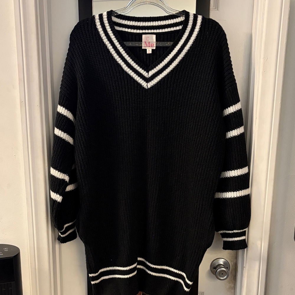 So Me Black V-Neck Ribbed Sweater with White Stripes